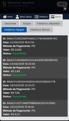 Histórico de saques na Betnacional com valores variados.