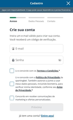 Captura de tela do formulário de cadastro Sportingbet