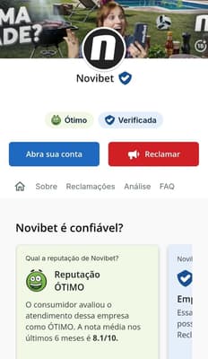 Reputação Ótima da Novibet no Reclame Aqui com nota 8.6/10