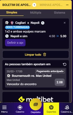 Bilhete de apostas da Multibet com palpite simples em Cagliari x Napoli e odds aumentadas