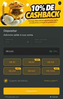 Captura da tela de depósito via Pix na Gol de Bet.
