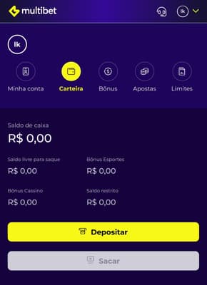 Captura da tela de depósitos e saques via Pix na Multibet.