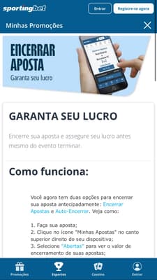 Captura da tela de Encerrar Aposta na Sportingbet, que tem linhas de 1.5 gols.