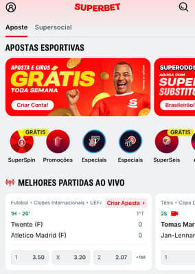 Captura da tela da Superbet, com promoção de apostas e giros grátis.