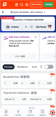 Mercados de apostas com cotações turbinadas para Grêmio x São Paulo na Betano.
