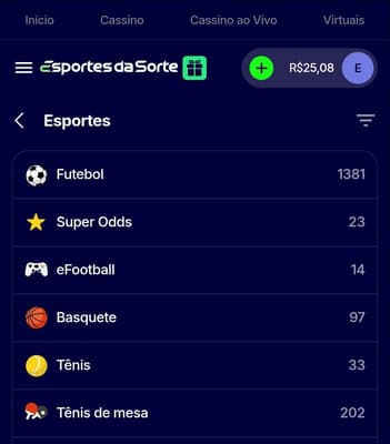 Captura de tela das modalidades da Esportes da Sorte