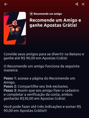 Captura de tela da página do programa de recomendação de amigos para se cadastrar com o código de indicação Betano.