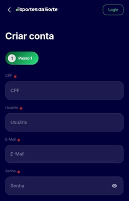 Captura de tela da página de registro do Esportes da Sorte