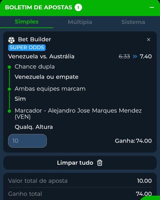 Captura de tela do boletim de apostas da BR4Bet com o Bet Builder e Super Odds.