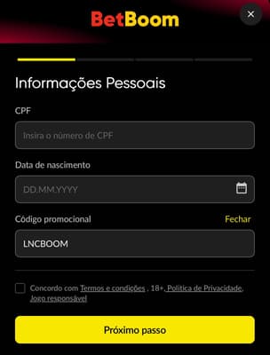 Captura de tela da página de registro com o código promocional BetBoom.