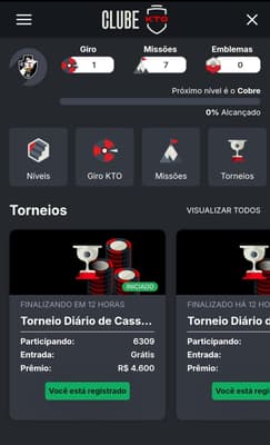 Captura de tela do clube VIP KTO com missões, giro e torneios.