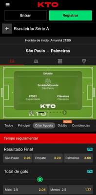 Captura de tela da KTO em um jogo do brasileirão com os mercados de apostas disponíveis para o recurso Criar Aposta.