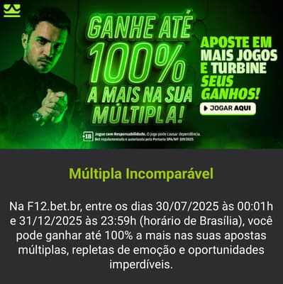 Captura de tela mostra os detalhes do bônus da F12 Bet em apostas múltiplas.