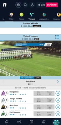 Captura de tela dos mercados de apostas em corrida de cavalo na Novibet com odds e transmissão virtual.