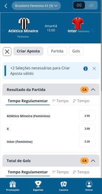 Captura de tela da ferramenta Criar Aposta da Sportingbet com os mercados válidos e dicas para palpites no Brasileirão.