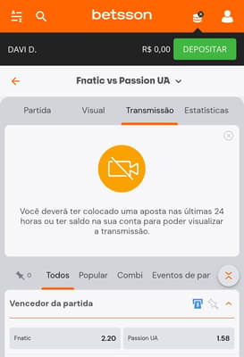 Captura de tela de aposta em eSport na Betsson