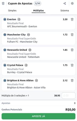 Captura de tela do bilhete de apostas na Betano com eventos da Premier League.