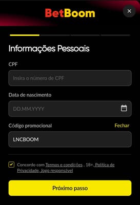 Captura de tela do formulário de cadastro na Betboom.