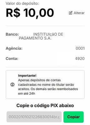 Captura de tela de depósito com Pix na KTO.