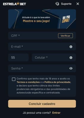 Captura da tela de cadastro na Estrela bet.