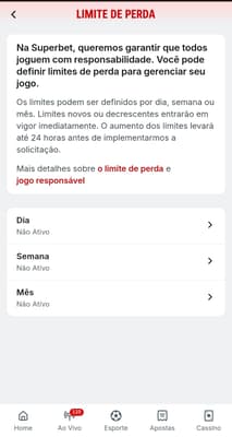 Captura de tela do limite de perda nos controles de Jogo Responsável na Superbet.