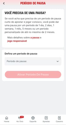 Captura de tela do controle de Período de Pausa no jogo responsável da Superbet.