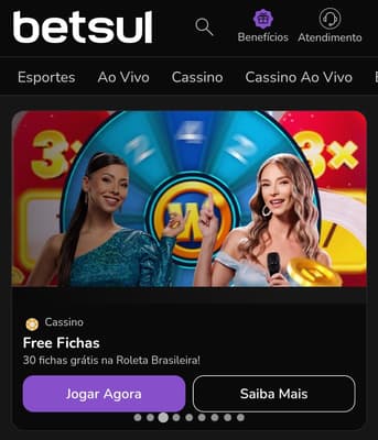 Captura de tela do bônus de 30 fichas grátis na Roleta Brasileira da Betsul.