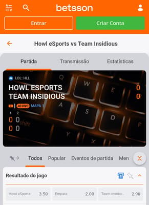 Captura de tela com apostas League of Legends na Betsson.