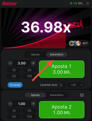 Captura de tela do Aviator na bet365 com destaque para as apostas automáticas no jogo.