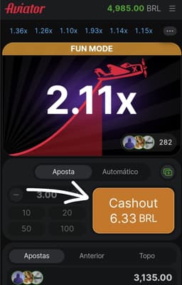 Captura de tela da versão demonstrativa do Aviator com uma aposta ativa e botão de cashout disponível.