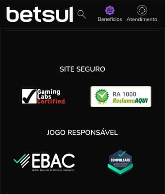 Selos de segurança e jogo responsável da Betsul exibidos no site