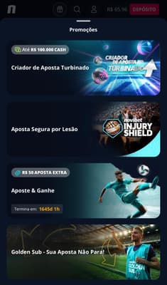 Captura da tela de recursos em apostas esportivas ao fazer cadastro na Novibet.