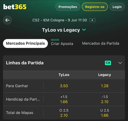 Captura da tela do mercado de Handicap na bet365 em CS2.