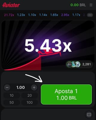 Captura de tela de uma rodada no Aviator da KTO com botão de apostas e multiplicadores.