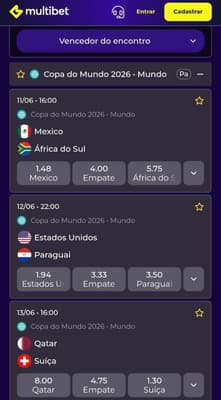 Captura de tela da Multibet com os jogos programados da Copa do Mundo 2026 e os mercados de apostas ativos.
