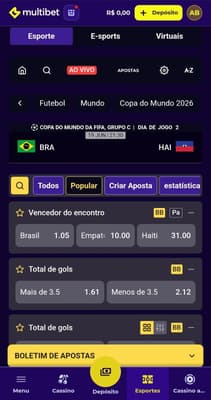 Captura de tela da Multibet Apostas com os mercados disponíveis para a Copa.