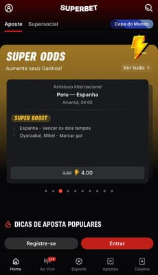 Captura de tela exibe jogos com Super Odds no futebol na Superbet.