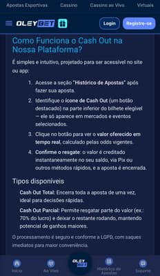 Captura de tela mostra detalhes do Cash Out em apostas no futebol na Oleybet.