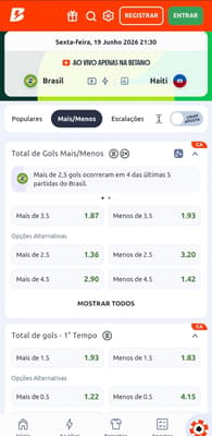 Captura de tela das apostas em Total de Gols na Betano na Copa do Mundo.