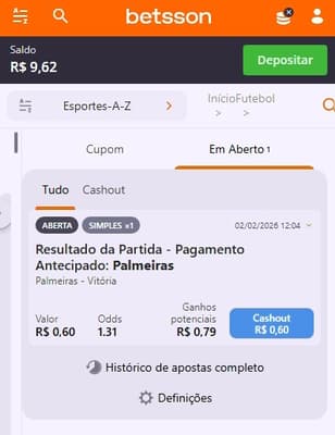 Captura de tela do Cash Out na Betsson.