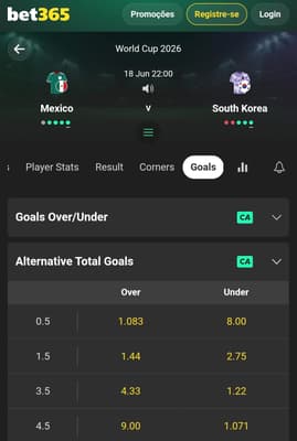 Captura de tela das apostas em total de gols no jogo México x Coreia do Sul na bet365 pela Copa do Mundo.