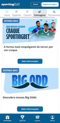 Captura de tela da Sportingbet com as vantagens disponíveis para montar as apostas esportivas.