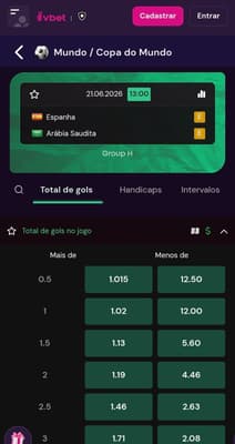Captura de tela da Vbet exibindo o mercado de Total de Gols 1.5 na Copa do Mundo 2026.