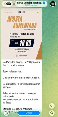 Captura de tela do grupos de apostas esportivas da Estrela bet no Telegram.