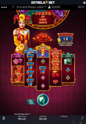 Captura de tela do slot com jackpot progressivo Fire and Roses Joker King Millions na Estrela Bet.
