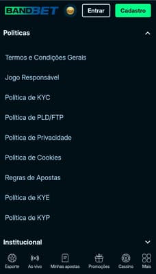 Rodapé da Bandbet com políticas de KYC, KYP e de Privacidade