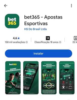 Captura de tela do aplicativo da bet365 na Play Store, disponível para download instantâneo.
