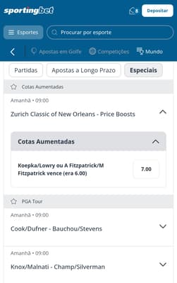 Captura de tela de uma aposta em golfe na Sportingbet.