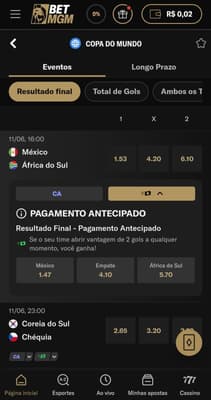 Captura de tela da BetMGM com os jogos iniciais da Copa do Mundo e os recursos de Criar Aposta e Pagamento Antecipado.
