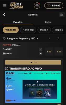 Captura de tela da BetMGM exibindo os jogos disponíveis para apostar em e-Sports na casa.